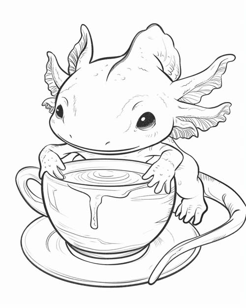 coloring page of an axolotl drinking hot chocolate