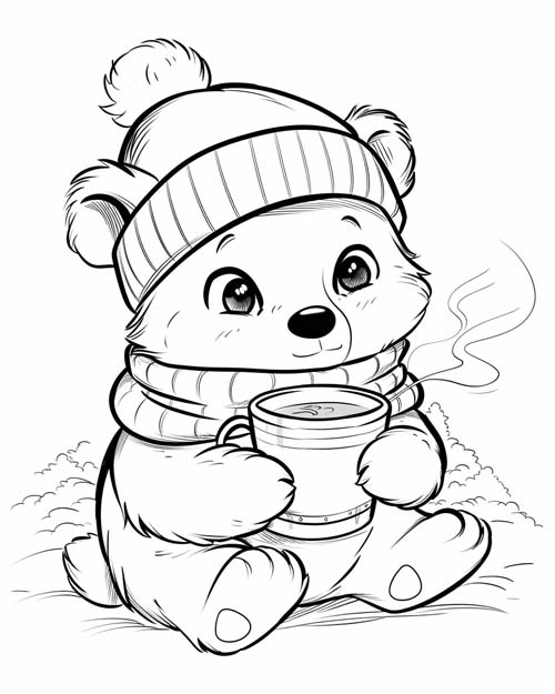coloring page of a bear drinking hot chocolate