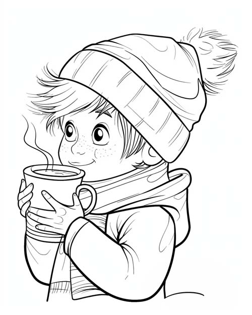 coloring page of a boy drinking hot chocolate