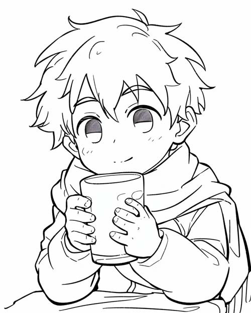 coloring page of a boy drinking hot chocolate