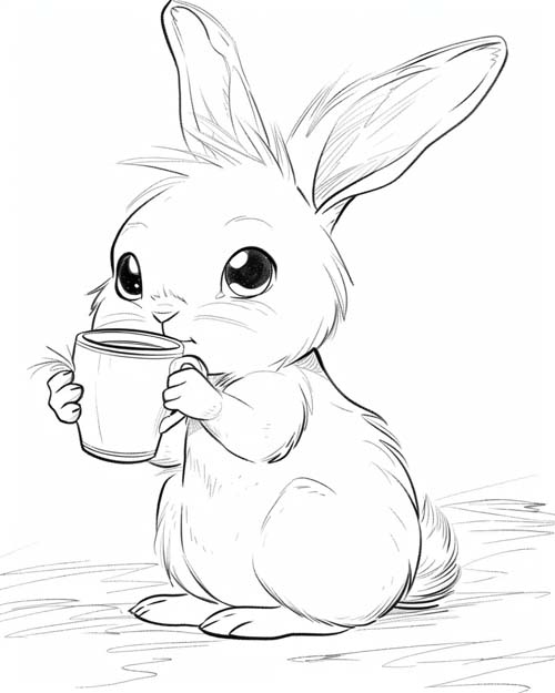 coloring page of a bunny drinking coffee