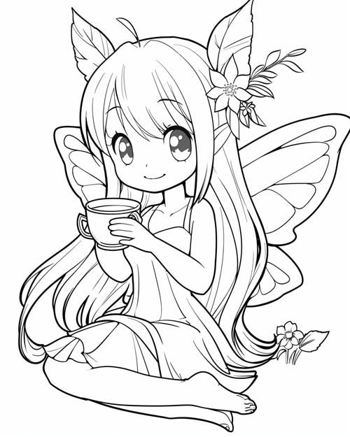 coloring page of a fairy drinking tea