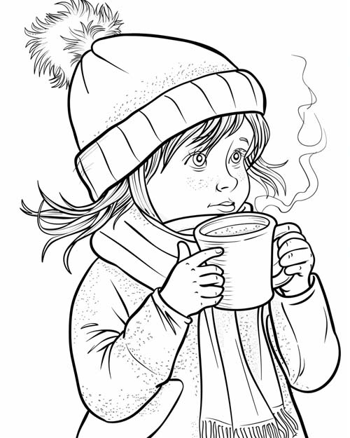 coloring page of a girl drinking hot chocolate