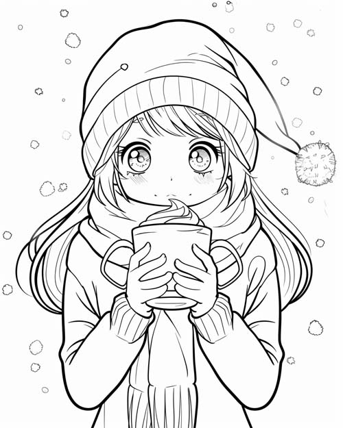 coloring page of a girl drinking hot chocolate with whipped cream