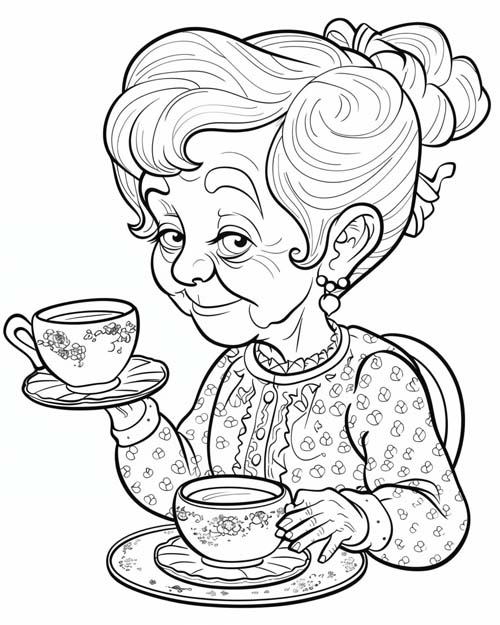 coloring page of a grandma drinking tea