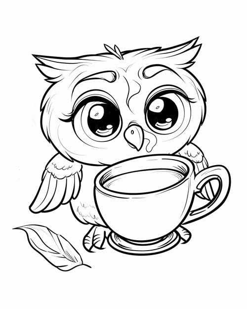 coloring page of a owl drinking tea