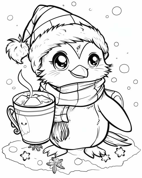 coloring page of a penguin drinking hot chocolate