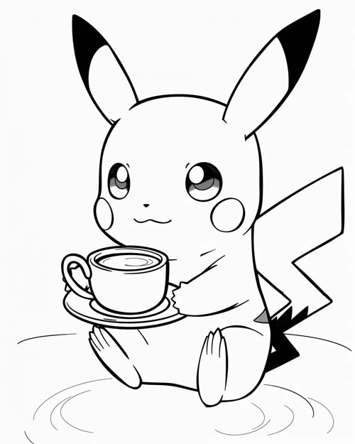 coloring page of pikachu drinking coffee