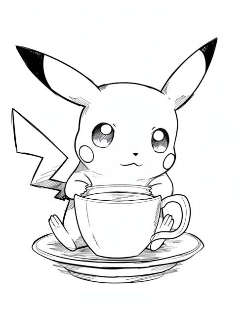 coloring page of pikachu drinking coffee