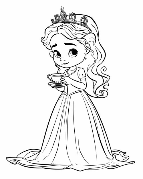 coloring page of a princess drinking tea