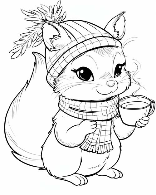 coloring page of a squirrel drinking tea