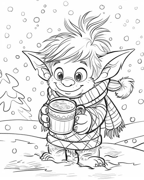 coloring page of a troll drinking hot chocolate