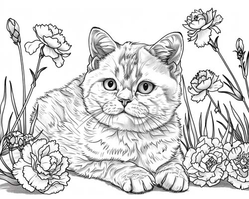 coloring page of a cat and a carnation