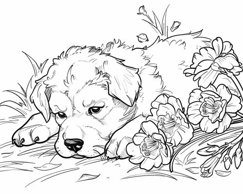 coloring page of a puppy and a carnation