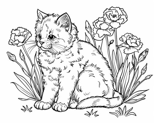coloring page of a cat and carnations