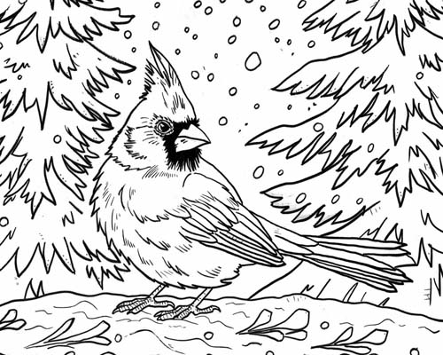 coloring page of a cardinal in winter