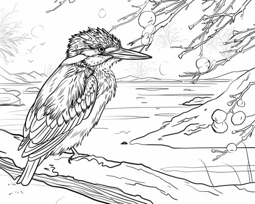 coloring page of a kingfisher watching a frozen lake