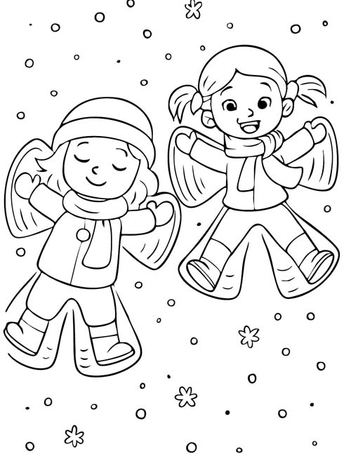 coloring page of girls making snow angels