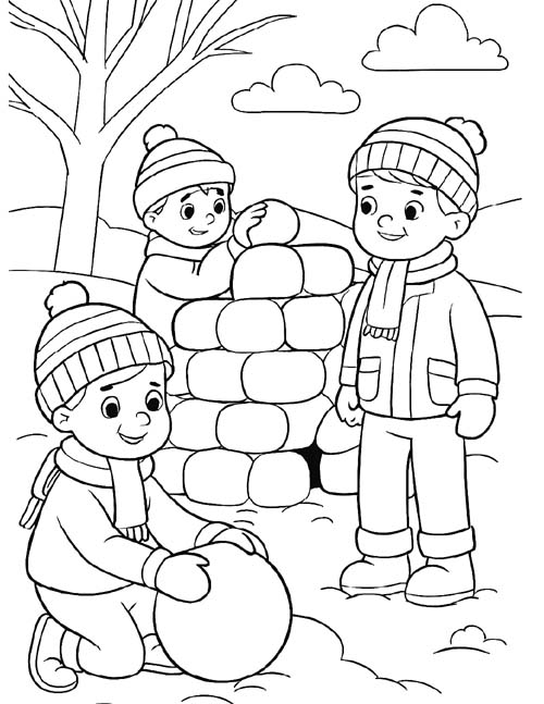 coloring page of boys making snow fort
