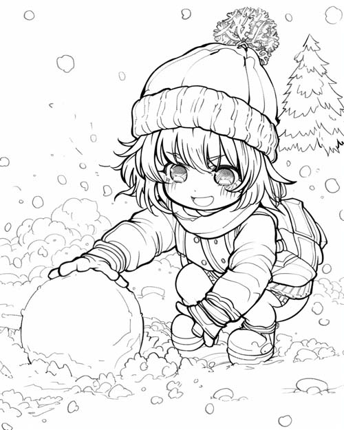 coloring page of a girl rolling a snowball