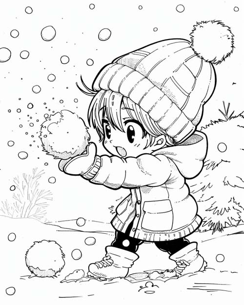 coloring page of a snowball fight