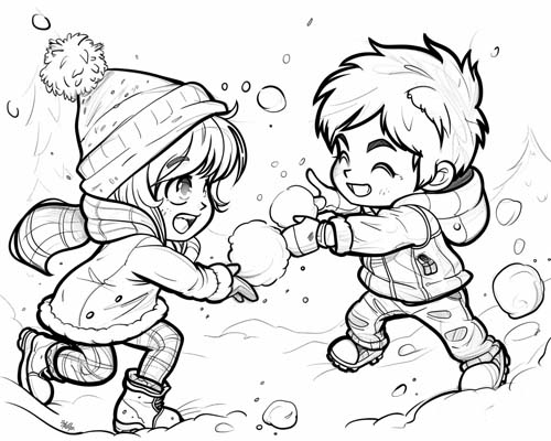 coloring page of a snowball fight