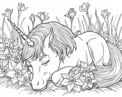 coloring page of a unicorn and daffodils