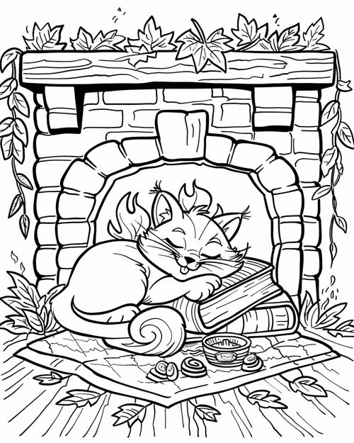 coloring page cozy cat nap by the fireplace