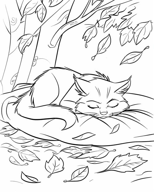 coloring page of a cozy cat nap in the autumn leaves