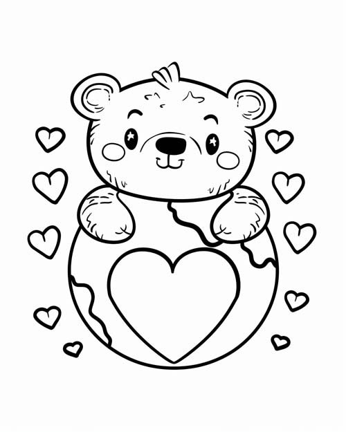 cute coloring page of a bear loving planet earth