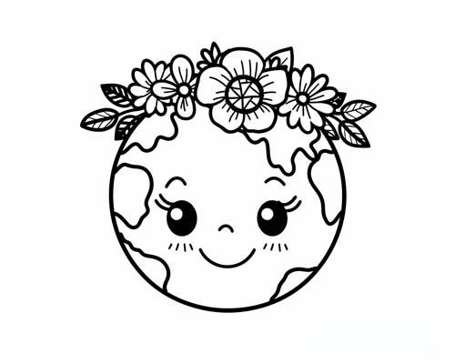 cute coloring page of earth with a flower crown