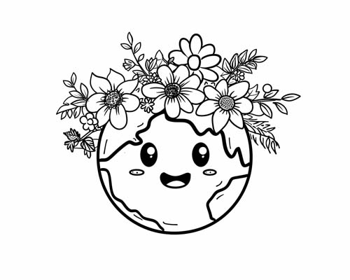 cute coloring page of earth with a flower crown