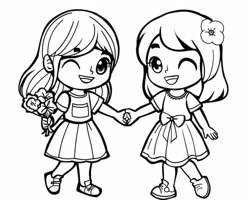 coloring page of friends holding hands