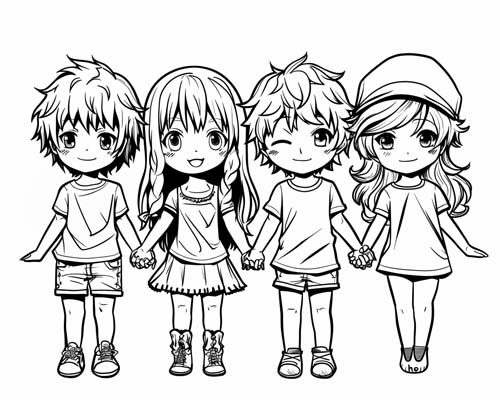 coloring page of a group of friends