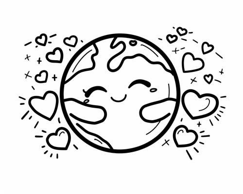 cute coloring page of earth with hearts