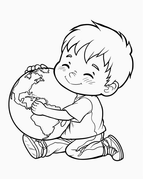 cute coloring page of a boy hugging earth