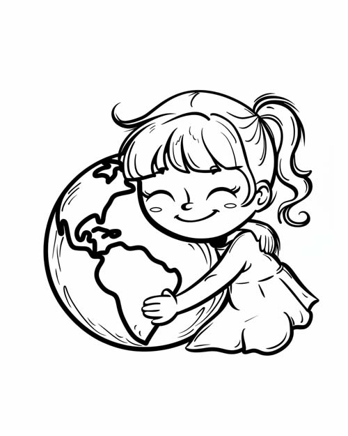 cute coloring page of a girl hugging earth