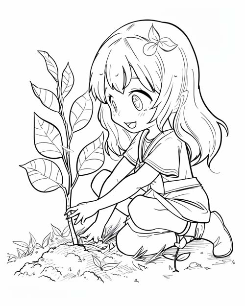 coloring page of a girl planting a tree