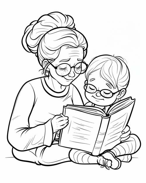 coloring page of reading with grandma