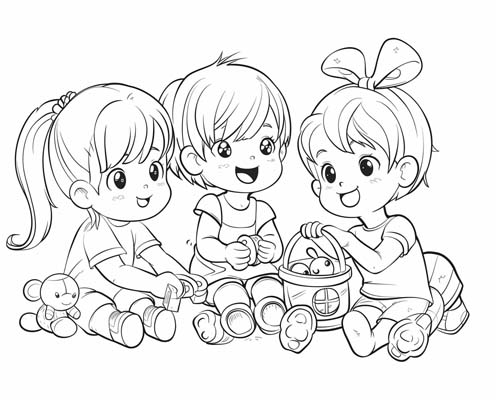 coloring page of children sharing toys
