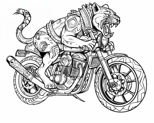 anime coloring page of Tezcatlipoca on a motorcycle