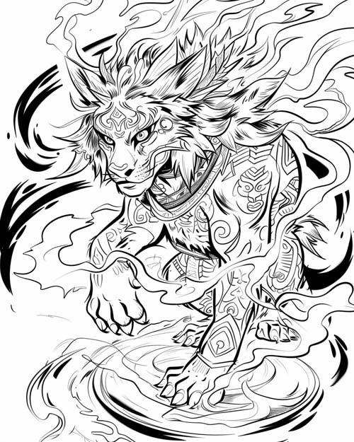 Aztec mythology coloring page of Tezcatlipoca transforming