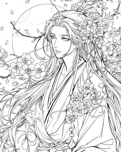Yurei and cherry blossoms coloring page