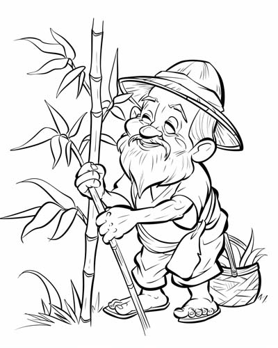 coloring page of a little old man farming bamboo