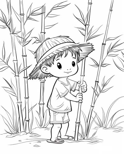 coloring page of a young boy farming bamboo