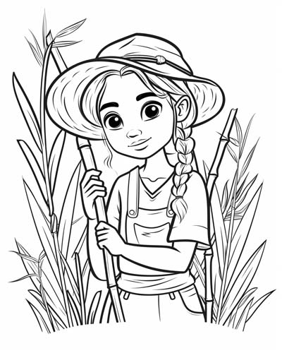 coloring page of a young girl farming bamboo