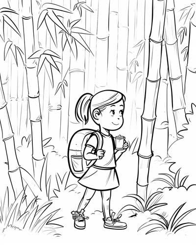 coloring page of a girl explorer walking through a bamboo forest