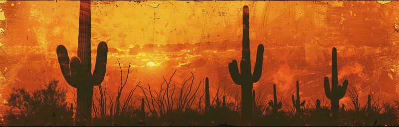 artwork of saguaro cactus in the desert at sunset