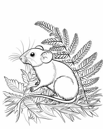 coloring page of ferns and a mouse
