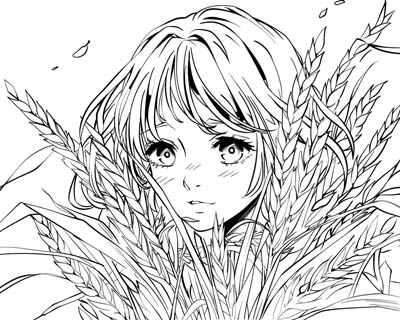 coloring page of playing hide and seek in the wheat field